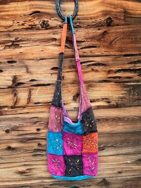 VINTAGE | Bohemian Patchwork Crossbody Bag in Pink, Teal & Orange